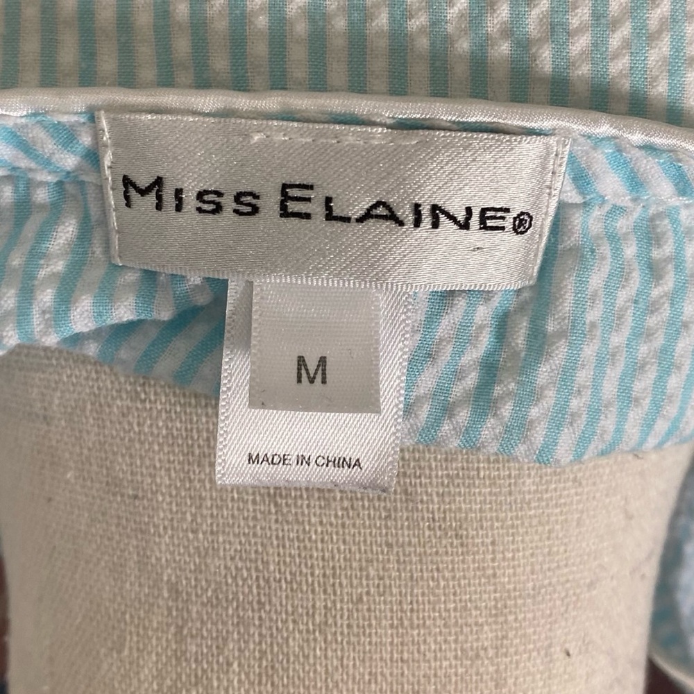 Miss Elaine Nightgown M Blue White Striped Embroidered Lightweight Pockets - Picture 7 of 8